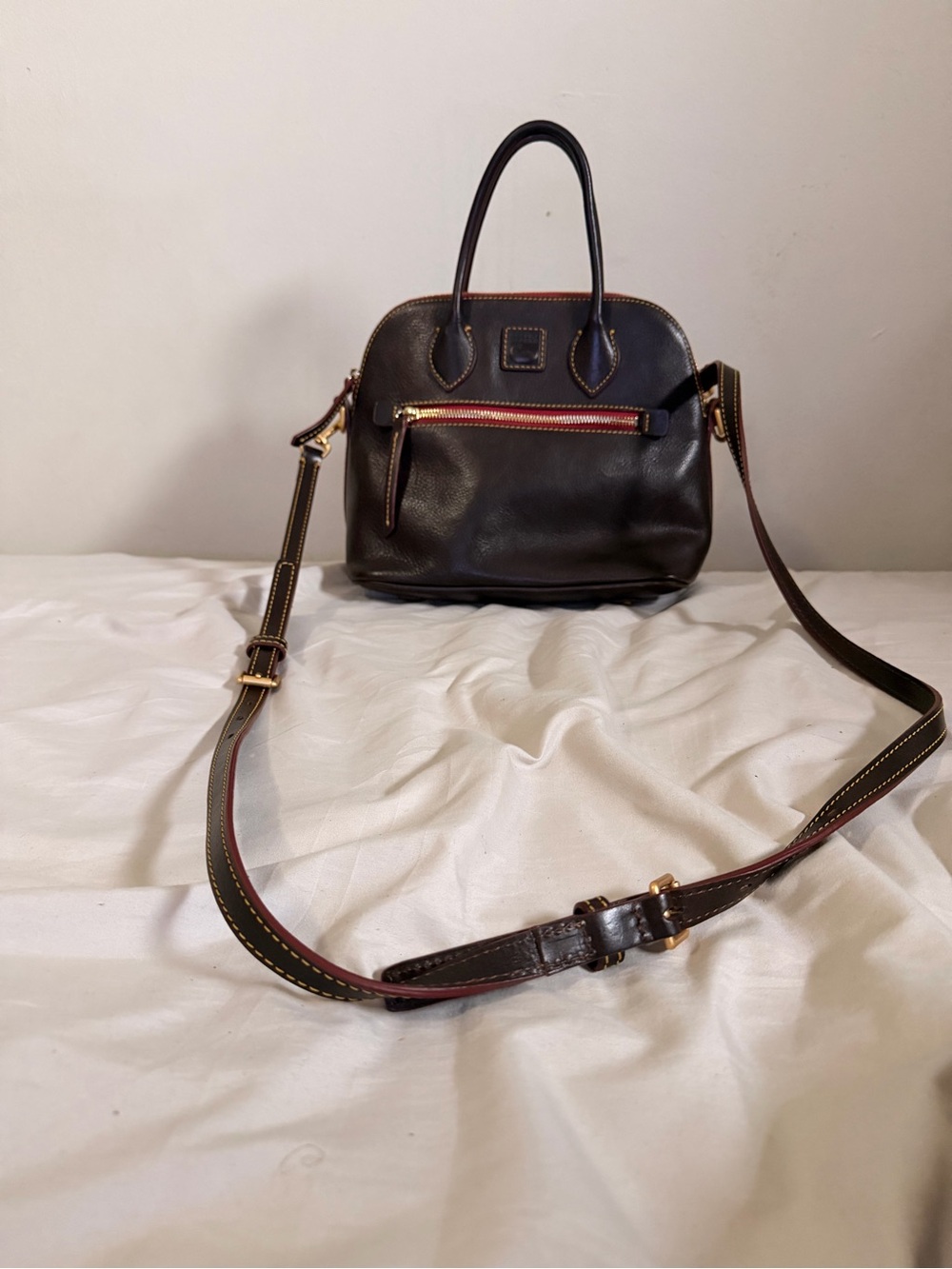 Dooney & Bourke Dark Brown Leather Satchel with Red interior and gold hardware